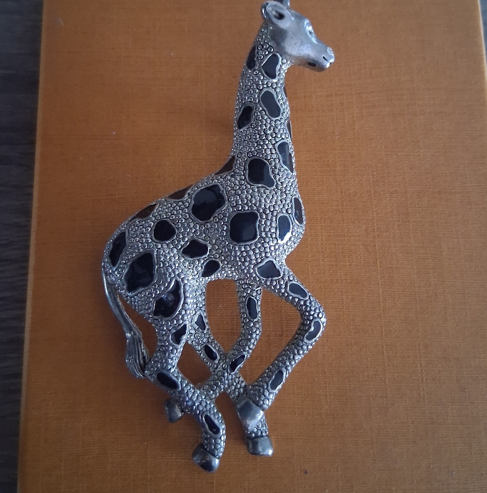 Vintage Silver Tone Enamel Rhinestone 3.5'' Giraffe Brooch